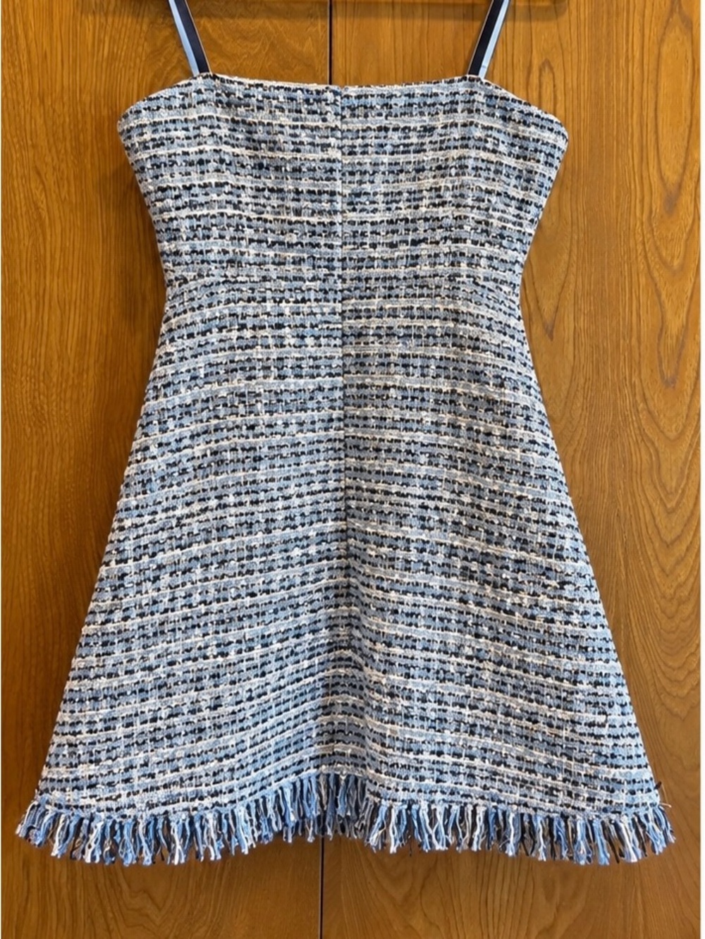 NWT AVANTLOOK Blue Tweed Fringe Mini Dress Size M Spaghetti Strap